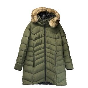 Eddie Bauer Women's XXL Tall Olive Green Down Long Parka Faux Fur Trim Hood